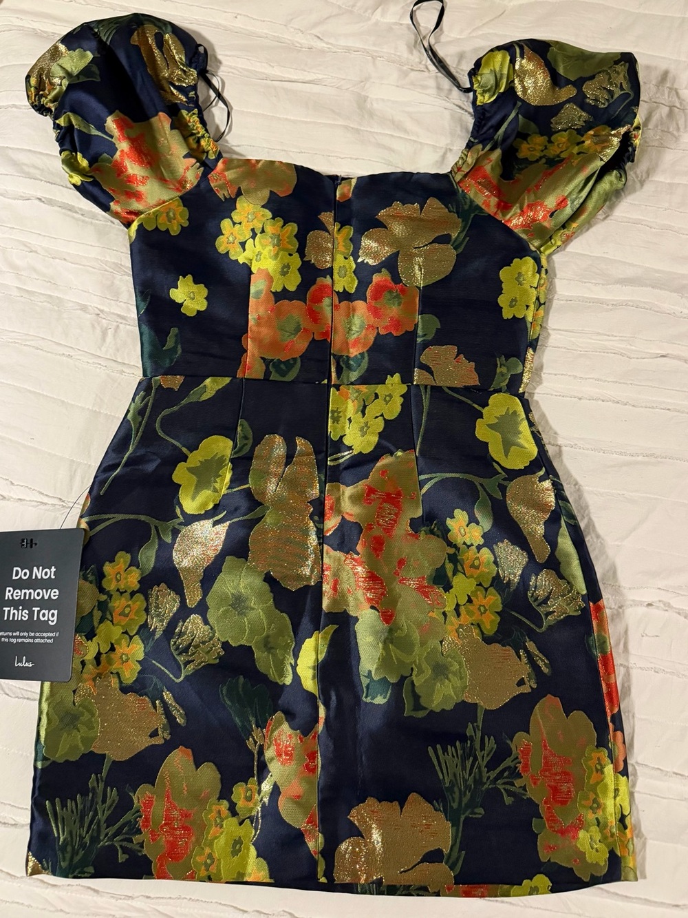 Lulu's Navy Floral Jacquard Mini Dress with Puff Sleeves